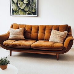 Wall Mural - stylish brown mid century modern sofa with textured cushions, set in bright room with plant and wall art. This cozy seating invites relaxation and comfort