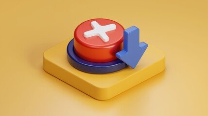 Aufkleber - 3D render of a red button with a white plus sign and a blue downward arrow, suggesting download or addition.