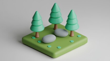 Aufkleber - A miniature 3D rendering of a serene forest scene with three stylized pine trees and two smooth stones on a grassy patch.