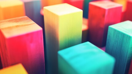 Poster - An engaging block-building scene on a sunny day, Colorful blocks meticulously arranged, Contemporary artistic style