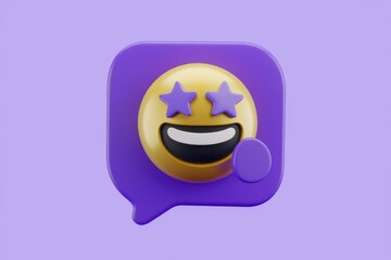 Poster - A 3D rendering of a smiling emoticon with stars for eyes inside a purple speech bubble.