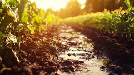 Wall Mural - Polluted Land with Vibrant Crops at Evening Light