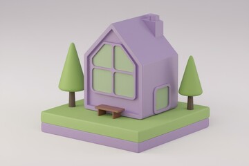 Poster - A charming 3D rendered house with trees and a bench, idyllic and peaceful.
