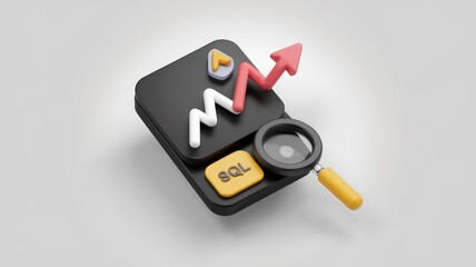 Aufkleber - 3D illustration of upward trending graph with SQL button and magnifying glass, symbolizing data analysis and growth.