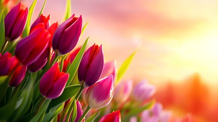 Wall Mural - Springtime pink tulips in bloom, bathed in the warm hues of the setting sun. Copy space.