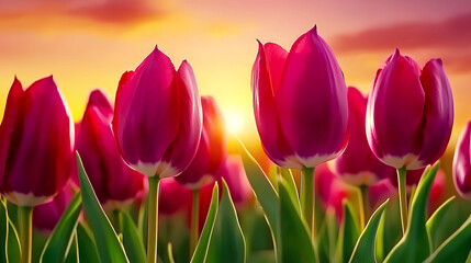 Wall Mural - Sunset lighting adds a magical touch to the blooming pink tulips in the spring garden.
