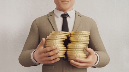 Poster - Cartoon businessman proudly holding two stacks of gold coins, symbolizing wealth and success.