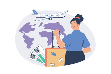 Poster - Travel and tourism web concept with flat cartoon people for website design. Woman with luggage booking airline tickets and flying in global trip with visiting new countries. Vector illustration.