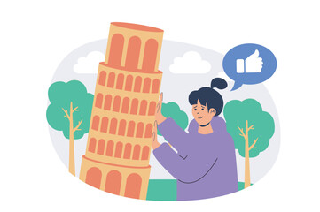 Poster - Travel and tourism web concept with flat cartoon people for website design. Woman visiting Italy and enjoying landmarks and architecture, sightseeing leaning tower of Pisa. Vector illustration.