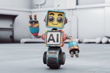Poster - A cute, rusty AI robot waves, showcasing a friendly AI personality.
