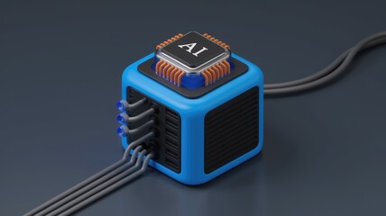 Poster - A futuristic blue AI processor cube with multiple connections, symbolizing advanced technology and artificial intelligence.