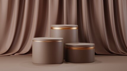 Aufkleber - Three brown cylindrical podiums with gold accents stand against a brown curtain backdrop.