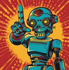 Vector illustration of a quirky, retro robot gesturing upward against a vibrant, sunset-hued background in a vintage comic book style.