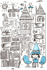  Girl reading in whimsical book-filled town illustration, for children's book or education.