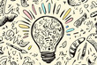 © Nadiyah - Hand-drawn lightbulb idea sketch background doodles; brainstorming, creativity concept.
