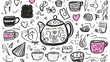 © Nadiyah - Hand-drawn tea party illustration; mugs, teapot, hearts, doodles; white background; blog, cards.