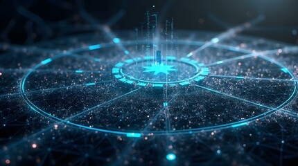 Poster - A futuristic, abstract representation of data flow and connectivity, with glowing blue lines, circles, and a central star-like structure against a dark background.