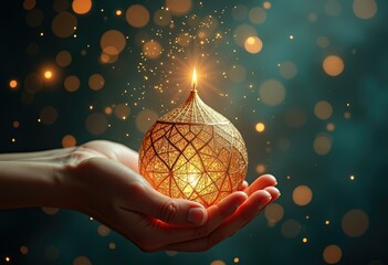 Poster - A golden lantern glowing with light  held in open hands.