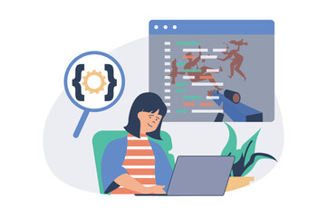 Leinwandbilder - Video game developer web concept with flat cartoon people for website design. Woman programming and coding at new shooter project, creating virtual game play process at laptop. Vector illustration.