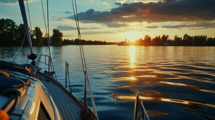 Aufkleber - An exhilarating sailing adventure on a serene lake at sunset, Sailing gear and yacht prepared for navigation, Nautical leisure style