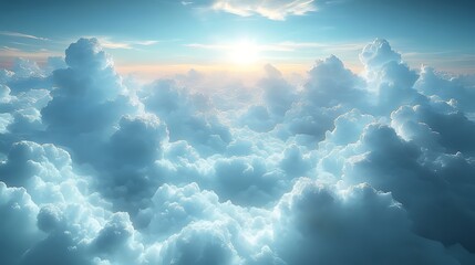 Wall Mural - above the clouds at sunset, sun rays shining through fluffy cumulus clouds.