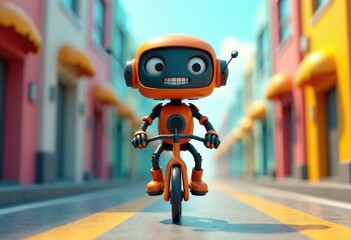 Poster - A cute orange robot riding a unicycle on a street.