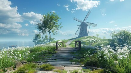 Idyllic windmill scene with wooden bridge, flowers, and coastal view.