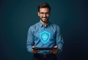 Poster - A man holding a tablet with a digital shield icon  symbolizing cybersecurity.