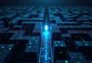 Poster - A glowing path leads through a maze of blue  digital blocks.