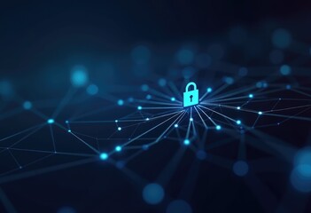 Poster - A glowing padlock icon sits on a network of connected lines  representing data security.