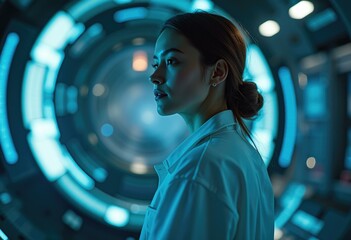 Poster - A woman in a white lab coat stands in a futuristic setting  looking intently at something.
