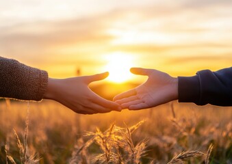 Wall Mural - Two gentle hands beautifully reaching out toward the glowing sun during a calm and serene Easter sunset, symbolizing hope, renewal, and new beginnings within a picturesque and tranquil landscape