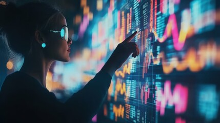 Poster - Business person pointing growing virtual hologram of statistics, graph and chart.Business strategy development and growing growth plan. Investment of growth on currency rate