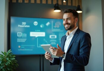 Poster - A businessman smiles while looking at a presentation on a screen.