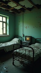 Wall Mural - Abandoned Hospital Room With Two Beds and a Vintage Television