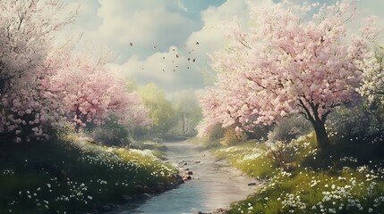 Wall Mural - a springtime orchard in full bloom, pastel pink and white blossoms, bees buzzing around and a gentle