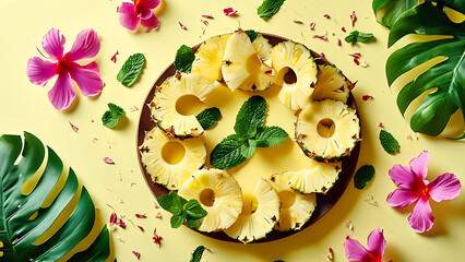 Wall Mural - Overhead view of fresh pineapple rings, mint leaves, and tropical flowers on a yellow background.  Summer, tropical, healthy food concept.