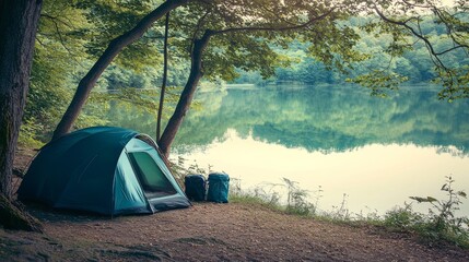 Poster - An immersive camping experience by a serene lake, Camping essentials arranged near water, Lakeside tranquility style