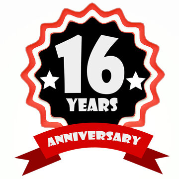 Celebrating 16 years anniversary label with red ribbon. 3d render.