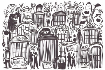  Hand-drawn city illustration, diverse buildings, people, abstract background, graphic design element.