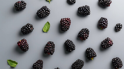 Wall Mural - Flat lay of fresh blackberries with mint leaves on a gray background.  Food photography, healthy eating concept.