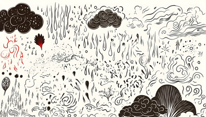 hand-drawn smoke, fire, cloud elements; design assets; white background; graphic design.