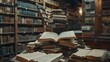 © Hamza - Book in library with old open textbook stack piles of literature text archive on reading desk