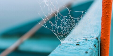 A delicate spider web glistens with dew on a turquoise surface, showcasing intricate patterns and a serene atmosphere.