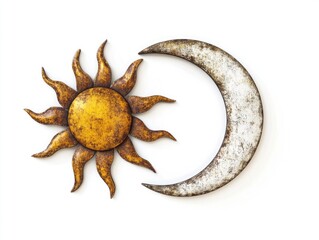 Wall Mural - metal sun and moon on white background