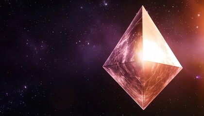 Wall Mural - A glowing pyramid floats in a cosmic space, illuminated by a warm light, surrounded by stars and a deep, dark universe.