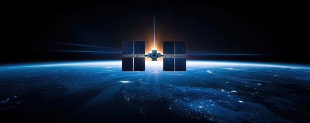 Wall Mural - A stunning view of the International Space Station orbiting Earth, illuminated by a radiant sunrise in the background, showcasing the vastness of space.