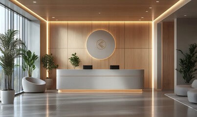 Poster - Wooden Office Lobby Waiting Room with Logo Mockup and Modern Accents