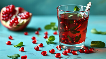 Refreshing Pomegranate Mint Tea, A vibrant image of a glass of pomegranate tea with fresh mint leaves, showcasing the drink's rich color and natural ingredients.