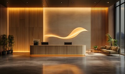 Poster - Wooden Lobby with Comfortable Seating and Prominent Wall Logo Mockup